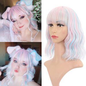 Women's Short Pink Mix Blue Wigs Curly Wavy Shoulder Length Pastel Bob